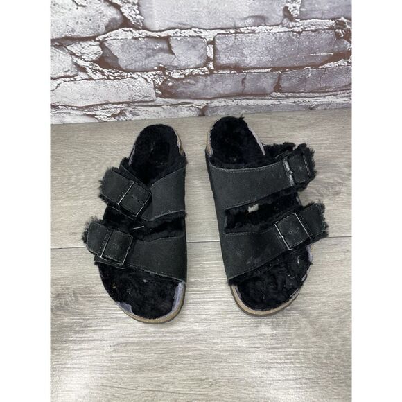 Birkenstock Arizona Black Suede Fur Cork Slides Sandals Women’s Sz 37EU/6.5M US - Picture 2 of 16